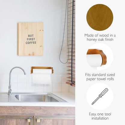 Design House Dalton Paper Towel Holder, Wall Mount, Easy Installation, Wood, Honey Oak, Durable, 13.4 in, 13.75 in W x 4.6 in L x 3.5 in H, Item 561233 | Wall Mount, Rustic, Wood, Hardware, 561233
