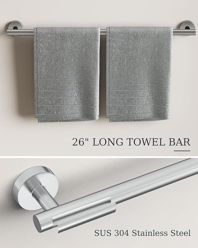 Chrome Bathroom Accessories Set SUS304 Stainless Steel 5 Pieces | Evolvegoods Bathroom Hardware Set, 26 Inch Bath Towel Bar Set, 2 Towel Hooks, Toilet Paper Holder, Towel Racks for Bathroom