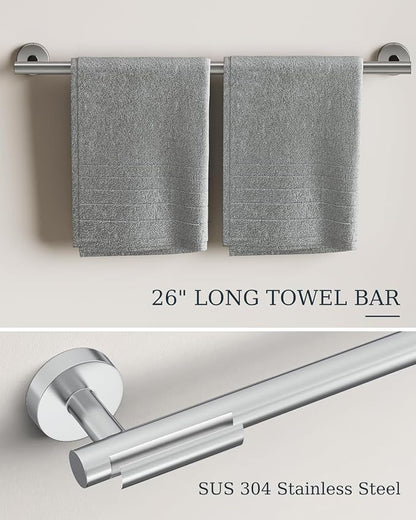 Chrome Bathroom Accessories Set SUS304 Stainless Steel 5 Pieces | Evolvegoods Bathroom Hardware Set, 26 Inch Bath Towel Bar Set, 2 Towel Hooks, Toilet Paper Holder, Towel Racks for Bathroom