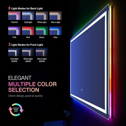 LOAAO 60"X30" RGB LED Bathroom Mirror with Lights, UL Listed | Anti-Fog, Dimmable, RGB Backlit + Front Lighted, Memory Function, Tempered Glass