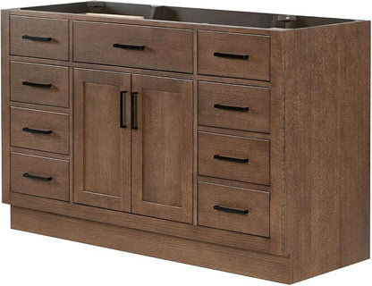 ARIEL Hepburn 54-inch Bathroom Vanity Base Cabinet,Solid Wood, 2 Soft Closing Doors, 9 Dovetail Drawers, Brown Oak