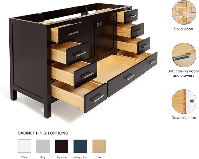 ARIEL Cambridge 60-inch Bathroom Vanity Base Cabinet,Solid Wood, 2 Soft Closing Doors, 9 Dovetail Drawers, Espresso