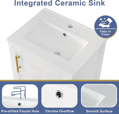 Bathroom Vanity with Sink 20 Inch, Cabinet with Two-Tier Door Shelf Rack & Open Storage, Solid Wood Legs, White