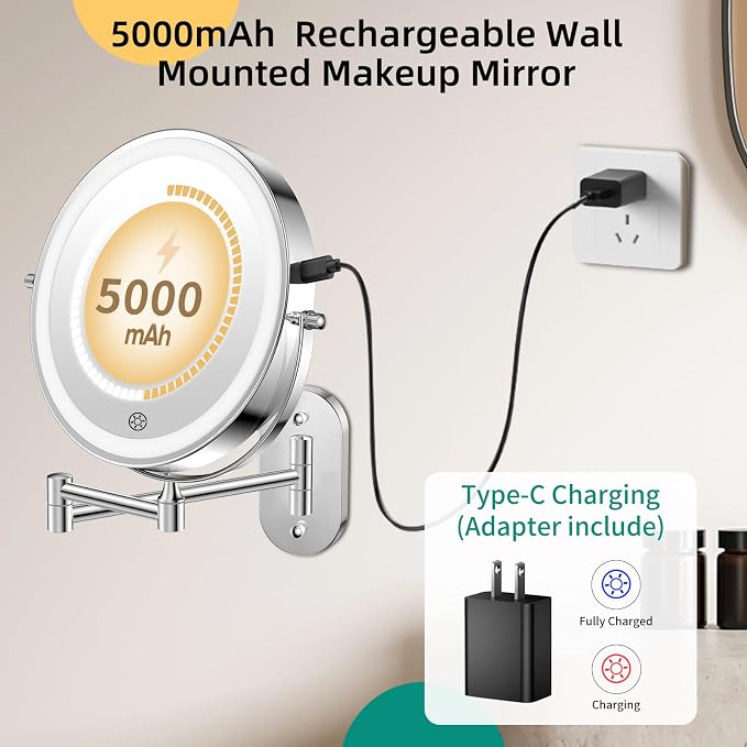 FUNTOUCH 5000mAh Rechargeable Wall Mounted Makeup Mirror with Light Charger | Double Sided 1X/30X Magnification,3 Color Lights,Touch Dimmable,Extended Arm 360 Rotation Lighted Bathroom Mirror