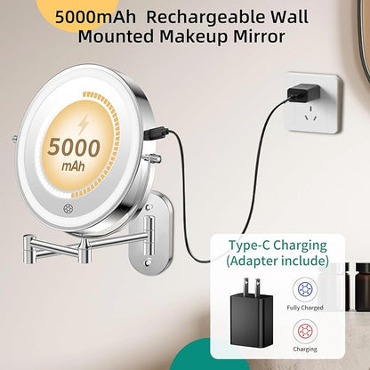 FUNTOUCH 5000mAh Rechargeable Wall Mounted Makeup Mirror with Lights,Double Sided 1X/30X Magnification,3 Color Lights,Touch Dimmable,Extended Arm 360 Rotation Lighted Bathroom Mirror