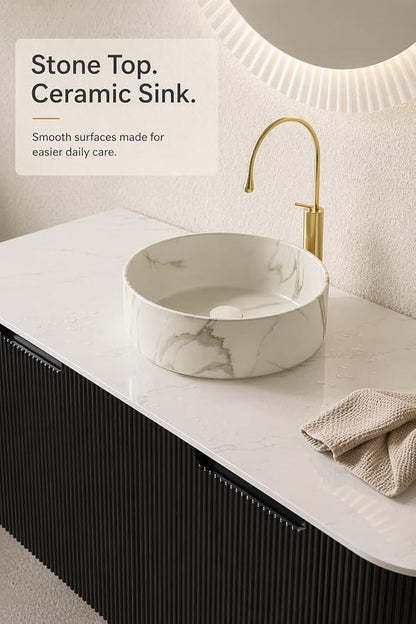 48 Inch Bathroom Vanity with Sink, Floating Wall Mounted Single Sink Vanity, Black Curved Fluted Front, Stone Top, Marble-Look Round Vessel Basin, Pre-Assembled