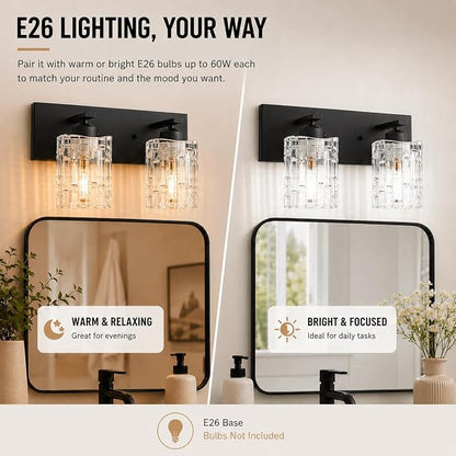 Matte Black Crystal Bathroom Vanity Light,2 Lights Modern Bathroom Wall Light,Over Mirror Light Fixtures for Living Room, Bedroom, Hallway
