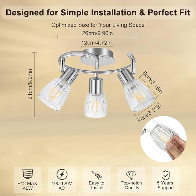 HiBay 3-Light Ceiling Light Fixture Adjustable Modern Chrome Track Lighting | with Glass Shades, Flush Mount Ceiling Spotlight Indoor for Kitchen, Bedroom, Living Room, E12 Base, No Bulbs