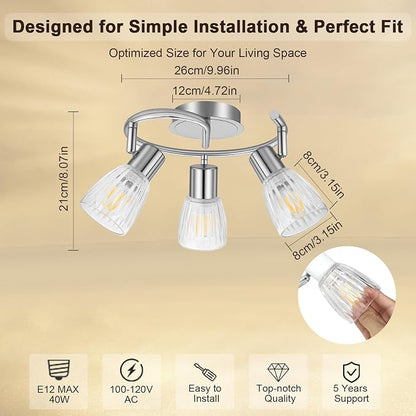 HiBay 3-Light Ceiling Light Fixture Adjustable Modern Chrome Track Lighting | with Glass Shades, Flush Mount Ceiling Spotlight Indoor for Kitchen, Bedroom, Living Room, E12 Base, No Bulbs