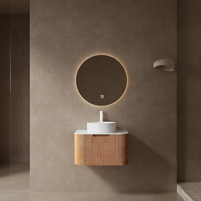 24'' Floating Vanity with Sink Combo, Modern Wall-Mounted Curved Edges Striped Bathroom Storage Cabinet with Soft-Close Drawer and White Artificial Marble Basin, Natural Walnut
