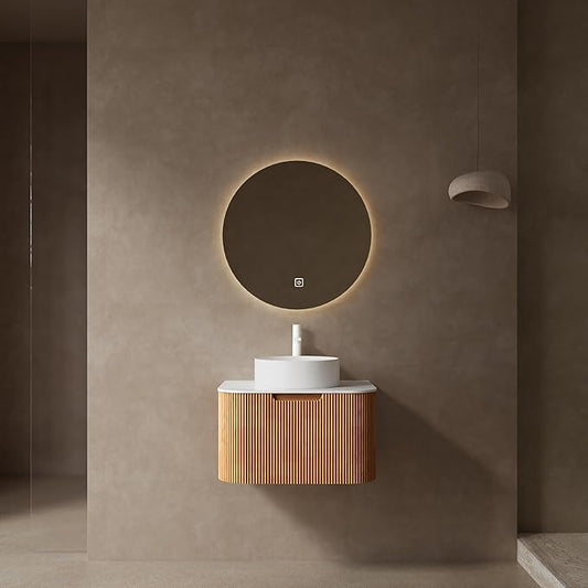 24'' Floating Vanity with Sink Combo, Modern Wall-Mounted Curved Edges Striped Bathroom Storage Cabinet with Soft-Close Drawer and White Artificial Marble Basin, Natural Walnut