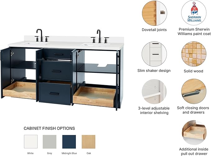 ARIEL Kelly 72-inch Bathroom Vanity with Sink,Solid Wood, 1.5-inch Pure White Quartz Countertop, Double Rectangular Porcelain Sink, 4 Soft Closing Doors, 5 Dovetail Drawers, Midnight Blue