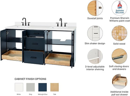 ARIEL Kelly 72-inch Bathroom Vanity with Sink,Solid Wood, 1.5-inch Pure White Quartz Countertop, Double Rectangular Porcelain Sink, 4 Soft Closing Doors, 5 Dovetail Drawers, Midnight Blue