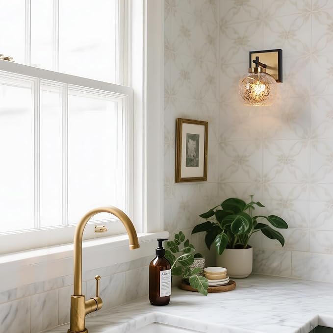 KSANA Black and Gold Sconce, Modern Globe Wall Sconces Lighting with Mercury Glass and Brass Finish for Bathroom, Bedroom, Hallway and Living Room