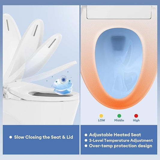 Electric Heated Bidet Toilet Seat Elongated, Smart Toilet Seat With Adjustable Warm Water Pressure, Soft Closed Lid, Night Light, Self-Cleaning Dual Nozzles For Frontal & Rear Wash E300