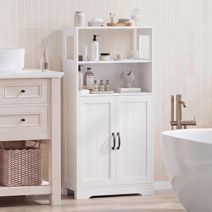 GRUSIGN 43.3" H Bathroom Storage Cabinet with Doors, Freestanding Small Bathroom Cabinet Organizer, Farmhouse Cupboard, Adjustable Shelves, for Laundry Room, Kitchen, Living Room, White