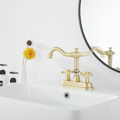 Bathroom Faucet Brushed Gold GGStudy 2 Handles 4 Inches Centerset Bathroom Vanity with Drain Assembly and Supply Hose Lavatory Mixer Double Handle Tap