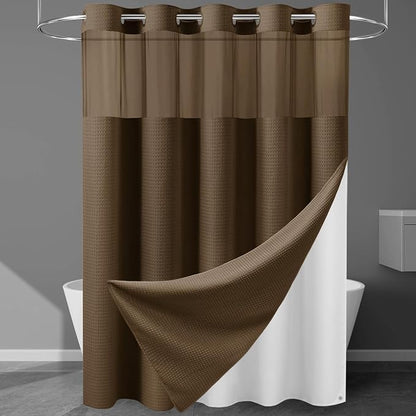 EUTXL Heavyweight Brown No Hook Shower Curtain with Snap in Liner,256GSM Waffle Weave Shower Curtains for Bathroom,71W x 74H