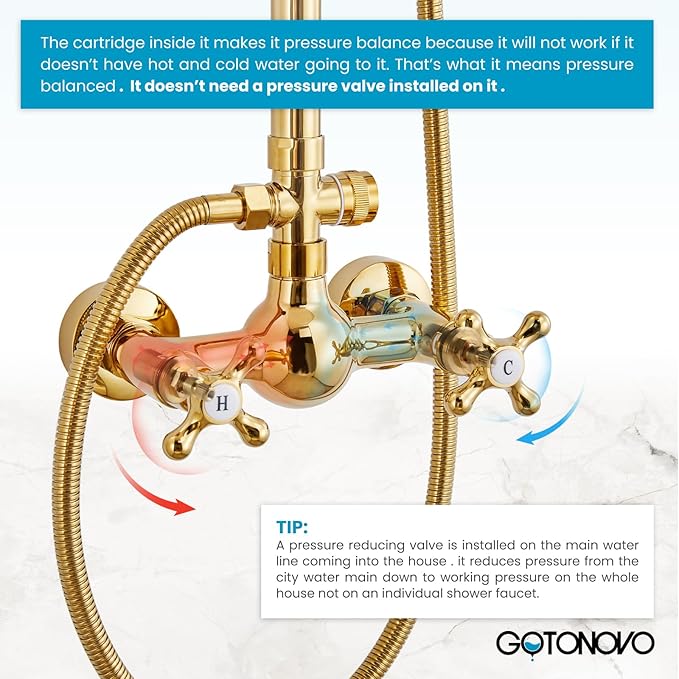 gotonovo Exposed Bathroom Shower Faucet Set Shower Fixture 8 Inch Rainfall Shower Head Handheld Shower Cross Handle Wall Mount 2 Functions Polished Gold