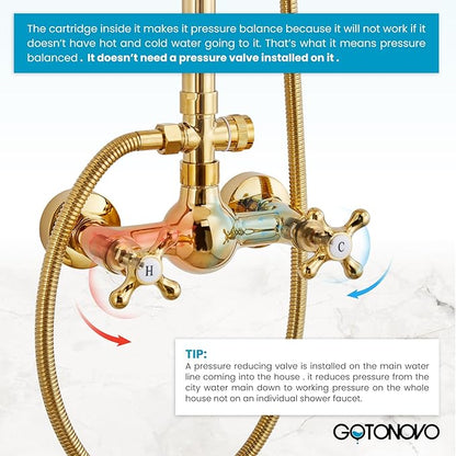 gotonovo Exposed Bathroom Shower Faucet Set Shower Fixture 8 Inch Rainfall Shower Head Handheld Shower Cross Handle Wall Mount 2 Functions Polished Gold