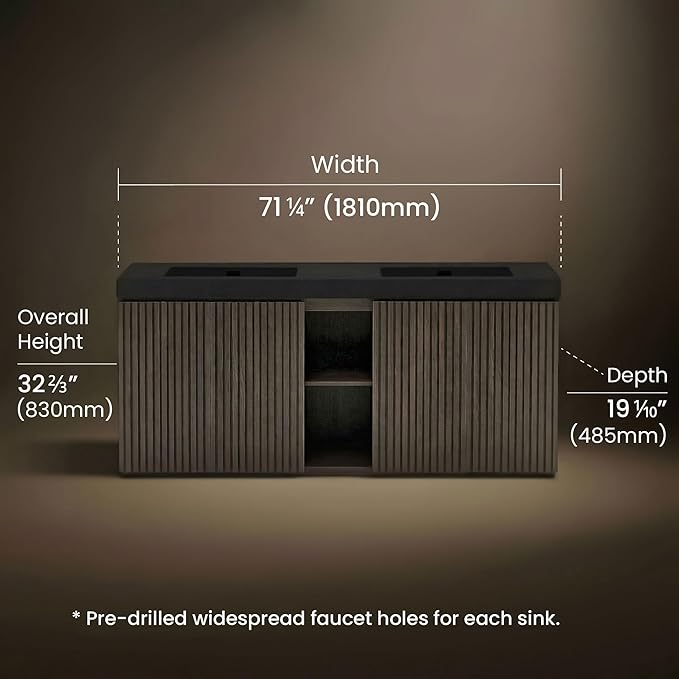 72" Bathroom Vanity with Sink Combo, Mid Century Modern Bathroom Cabinet with 4 Doors & Open Shelf, Matte Black Integrated Sink with Overflow, Dark Grey Oak