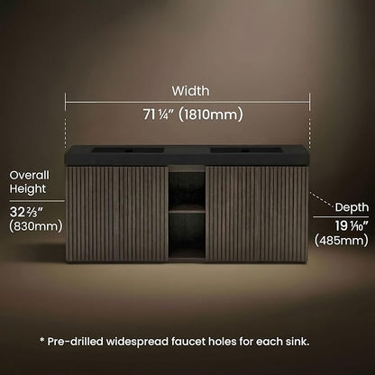 72" Bathroom Vanity with Sink Combo, Mid Century Modern Bathroom Cabinet with 4 Doors & Open Shelf, Matte Black Integrated Sink with Overflow, Dark Grey Oak