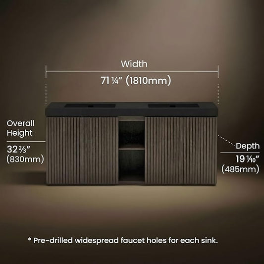 72" Bathroom Vanity with Sink Combo, Mid Century Modern Bathroom Cabinet with 4 Doors & Open Shelf, Matte Black Integrated Sink with Overflow, Dark Grey Oak