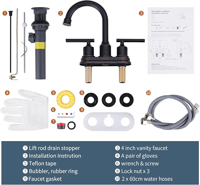 WOWOW Bronze Bathroom Faucet: Centerset, 3 Hole with Drain Stopper, Supply Hoses, 2 Handle, 360 Swivel Spout