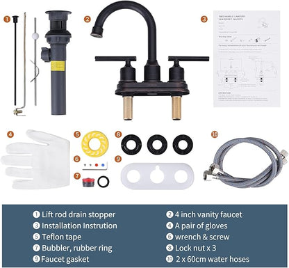 WOWOW Bronze Bathroom Faucet: Centerset, 3 Hole with Drain Stopper, Supply Hoses, 2 Handle, 360 Swivel Spout