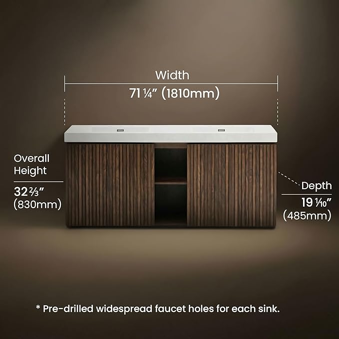 72" Bathroom Vanity with Sink Combo, Mid Century Modern Bathroom Cabinet with 4 Doors & Open Shelf, Glossy White Integrated Sink with Overflow, Brown Walnut