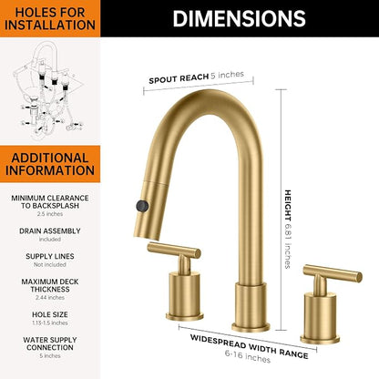 Brushed Gold Pull Down Bathroom Faucet with Pop-up Drain, 8 inch Widespread Bathroom Faucet 3 Hole with Pull Down Sprayer 2 Modes. 8'' Brushed Gold Bathroom Faucet with Supply Lines