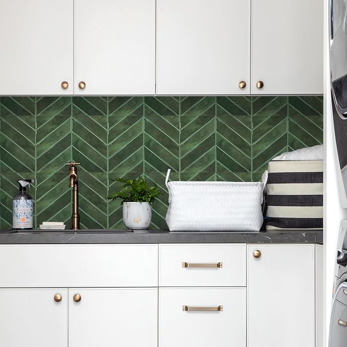 STICKGOO Herringbone Peel and Stick Backsplash, Green, 10 Sheets | 12.6 x 9.7 in, Thicker Rectangular Vinyl Stick-On Wall Tiles, Easy Alignment, Waterproof, Easy to Clean, Kitchen/Bathroom