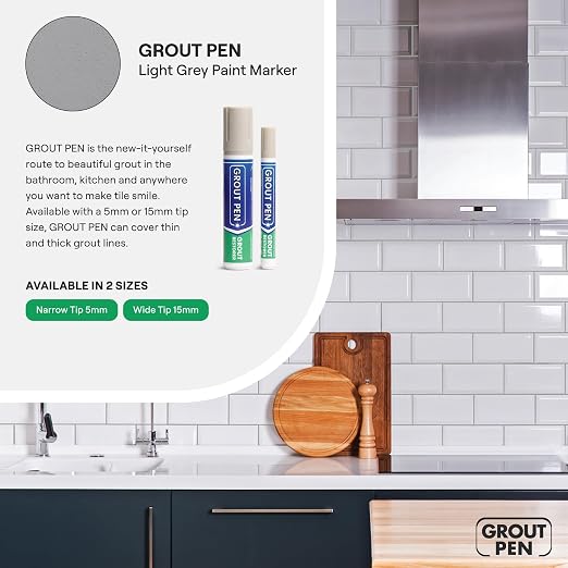 Grout Pen Light Grey Tile Grout Paint Marker - 2 Pack w/Extra Tips (7mL) | Waterproof Grout Refresh Restorer for Kitchen & Bathroom, Tile Grout Colorant and Sealer Pens - Narrow Tip 5mm - Light Grey