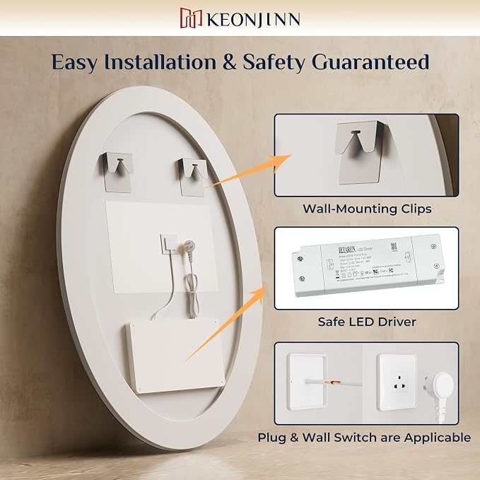 Keonjinn 40 x 30 Inch Oval LED Bathroom Mirror with Frontlit and Backlit | Tempered Glass, 3000K/4500K/6000K, Safe & Fast Defogging, Memory Function, Stepless Dimmable, Easy Install, Plug in/Hardwired