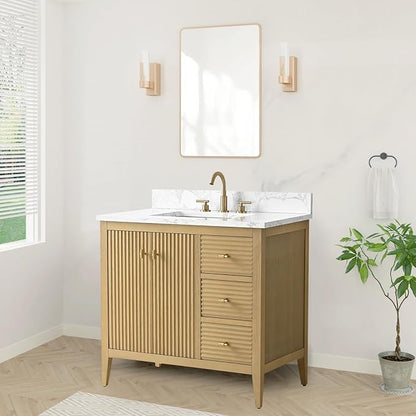 HOMEBEYOND 36" Bathroom Vanity with Sink, Solid Wood Bathroom Vanity Free-Standing Cabinet, Drawers, Ceramic Top & Soft Closing Door, Golden Brushed Handware, Natural Oak
