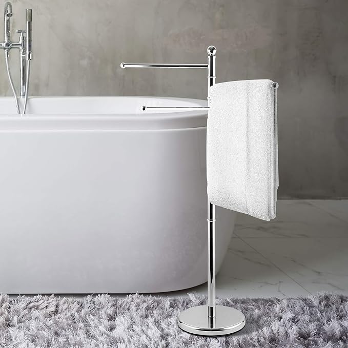 MyGift 40 Inch Silver Metal Towel Rack, Freestanding 3 Swivel Arms | Three bars create separate hanging space for bath linens, hand towels, and washcloths while improving airflow for drying