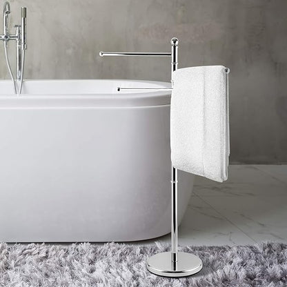 MyGift 40 Inch Silver Metal Towel Rack, Freestanding 3 Swivel Arms | Three bars create separate hanging space for bath linens, hand towels, and washcloths while improving airflow for drying