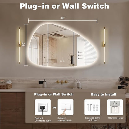 Niccy Irregular LED Bathroom Mirror, Frameless Backlit Wall Mirror, 30"x48" | Asymmetrica Lighted Mirror for Bedroom Living Room, Modern Smart-Mirror with 3 Color Lighting, Anti-Fog, Memory Function