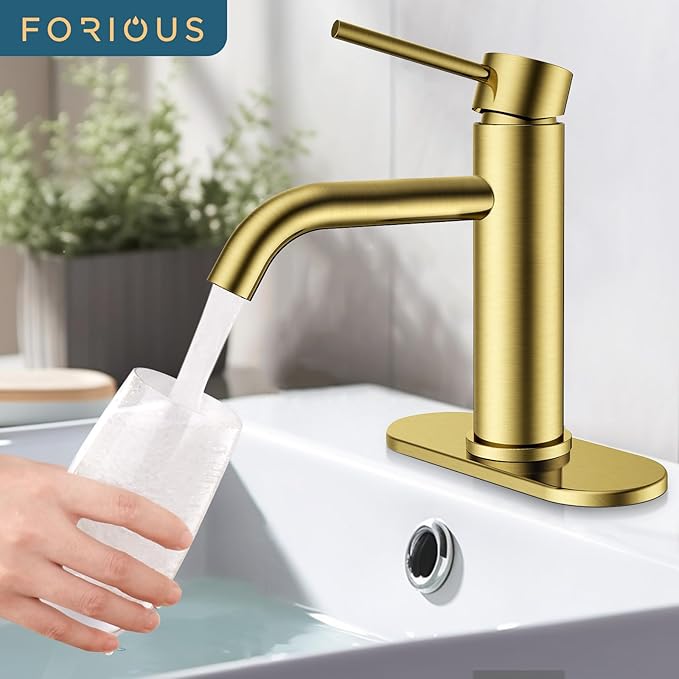 FORIOUS Gold Bathroom Faucets 1 Hole, Stainless Steel Bathroom Sink Faucet with Metal Pop up Drain and Supply Hose, Suitable for Vanity Lavatory Restroom Remodel