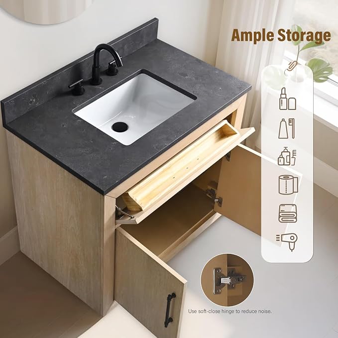 36 Inch Bathroom Vanity with Single Sink & Black Ceramic Top, MDF Material Vanity Cabinet with Basin Combo, Soft-Closing Doors, Removable Shelf, Backsplash