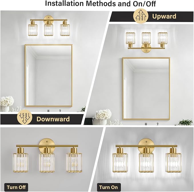 3 Light Bathroom Light Fixtures, Modern Crystal Vanity Lights over Mirror | Metal Frame, Bathroom Light with Square Crystal Shade, ETL Certified, E26 Ceramic Socket, Bulbs Not Included