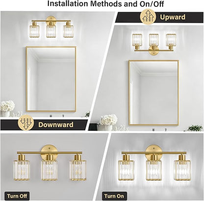 3 Light Bathroom Light Fixtures, Modern Crystal Vanity Lights over Mirror | Metal Frame, Bathroom Light with Square Crystal Shade, ETL Certified, E26 Ceramic Socket, Bulbs Not Included