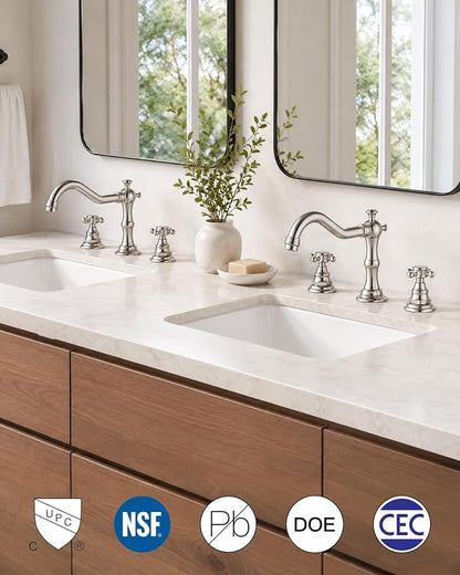 gotonovo 3 Hole 8’’ Widespread Bathroom Sink Faucet Brushed Nickel | Vintage Bathroom Faucet,2 Cross Handle,6-16’’ Sink,Vanity,Basin,RV,Farmhouse,SUS304,24’’ cUPC Hose Pop Up Drain,Deck Mount