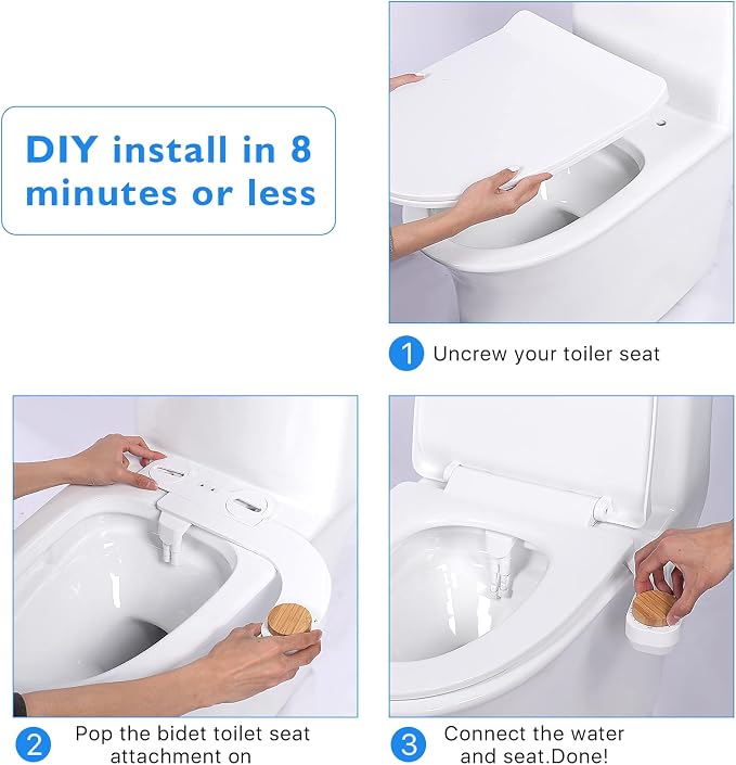 Bidet Toilet Seat Attachment - Self Cleaning Water Sprayer +Adjustable Pressure Nozzle, Easy Install (Cold Water Classic, White/Bamboo)
