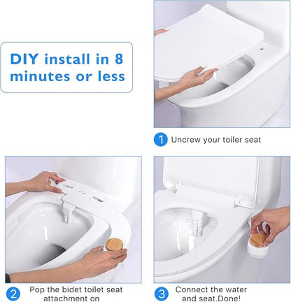 Bidet Toilet Seat Attachment - Self Cleaning Water Sprayer +Adjustable Pressure Nozzle, Easy Install (Cold Water Classic, White/Bamboo)