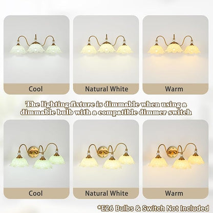 Vintage Bathroom Vanity Light, 3-Light Matte Brass Finish Vanity Light with Floral Yellow Glass Shades, Retro Wall Sconce for Bathroom, Dressing Table
