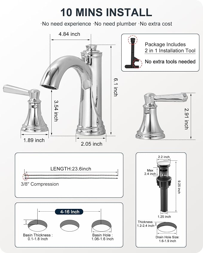 Brass Bathroom Faucets 3 Hole, Chrome Bathroom Faucet 4-16 Inch | Lead-Free, Widespread 2 Handles, Pop-Up Drain, Pre-installed cUPC Supply Hoses, 10 Mins Install, For Vanity Restroom Lavatory