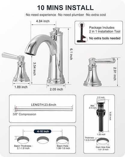 Brass Bathroom Faucets 3 Hole, Chrome Bathroom Faucet 4-16 Inch | Lead-Free, Widespread 2 Handles, Pop-Up Drain, Pre-installed cUPC Supply Hoses, 10 Mins Install, For Vanity Restroom Lavatory