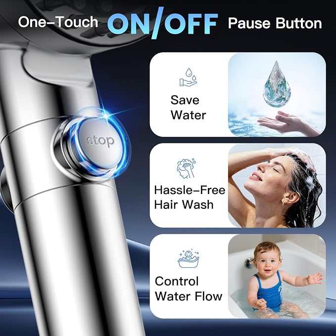 Filtered Shower Head with Handheld, High Pressure Showerhead with 3 Filters | Remove Chlorine for Hard Water, Reduce Dry Itchy Skin & Hair, ON/OFF Switch, 4 Spray Built-in Power Wash, Extra Holder & Hose
