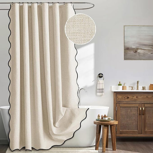 MIULEE 72"x84" Extra Long Scalloped Linen Shower Curtain Cream Beige | Linen Textured, Waterproof, Washable, 12 Metal Hooks, Heavy Duty Cloth, Black Border, Shower Curtain for Bathroom Bathtub